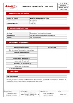 GERENCIA DE ADMINISTRACION 
Y FINANZAS
SUB GERENTE DE ADMINISTRACION Y 
CONTABILIDAD
ASISTENTE DE CONTABILIDAD 
MANUAL DE ORG
