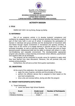MAPEH Day 2023 Activity Design | PDF | Learning | Behavior Modification