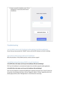 6.  Upon successful completion, press “Go to 
Dashboard” to view and control the Air 
Conditioner 
 
 
Troubleshooting 
 
I a