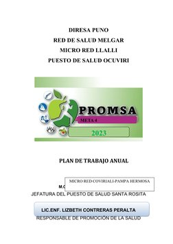 DIRESA PUNO
RED DE SALUD MELGAR
MICRO RED LLALLI
PUESTO DE SALUD OCUVIRI
PLAN DE TRABAJO ANUAL
M.C. LISSET YUPANQUI COCA
JEFA