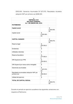 $350,000;  Ganancia  Acumulada  $1´327.070;  Resultados  Aculados
adopción NIIF por primera vez $286,000. 
a
EMPRESA XYZ
BALA