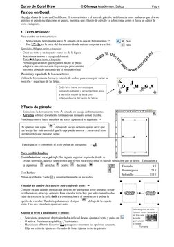 Curso de Corel Draw       
© Ofimega Acadèmies. Salou  
Pág 6 
Textos en Corel: 
Hay dos clases de texto en Corel Draw: El te