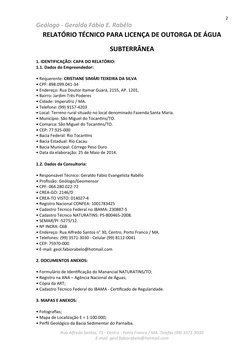 2
Geólogo - Geraldo Fábio E. Rabêlo
RELATÓRIO TÉCNICO PARA LICENÇA DE OUTORGA DE ÁGUA
SUBTERRÂNEA
1. IDENTIFICAÇÃO: CAPA DO
