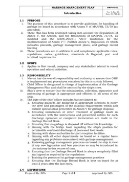 Prepared By: DPA
Page 1 of 3
Approved By: MD
GARBAGE MANAGEMENT PLAN
GMP-01-00
Introduction
Ver: 1, Rev: 00 
Date: 01-FEB-23