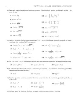 4
CAPÍTULO 8. GUIA DE EJERCICIOS - FUNCIONES
J) Para cada una de las siguientes funciones encuentre el dominio de la función,
