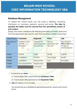 BELAIR HIGH SCHOOL 
CSEC INFORMATION TECHNOLOGY SBA 
 
4 
 
 
Database Management 
 
To replace Mr. Green’s book, you will