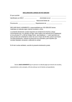 Modelo de Declaración Jurada de No Adeudo | PDF | Declaración jurada ...