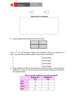 Explica aquí tu respuesta. 
  
 
 
8. Teresa repartió este chocolate entre sus hermanos. 
 
1
Ella  le
dio  del chocolate