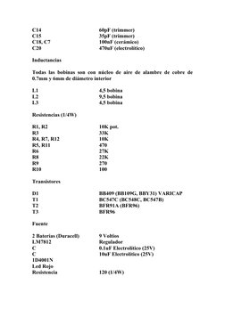 C14
60pF (trimmer)
C15
35pF (trimmer)
C18, C7
100nF (cerámico)
C20
470uF (electrolítico)
Inductancias
Todas las bobinas son c