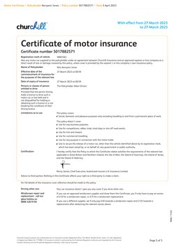 Motor Certificate  |   Policyholder Kerryann Jones  |   Policy number 5017882571  |   Date 5 April 2023
With effect from 27 M