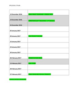 EPQ 2016-17 PLAN
12 December 2016
FINAL DRAFT DEADLINE – FRIDAY 16TH
19 December 2016
CHRISTMAS (22nd December – 4th January)
