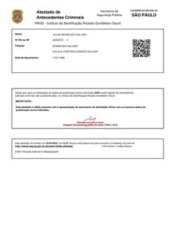 Atestado de
Antecedentes Criminais
IIRGD - Instituto de Identificação Ricardo Gumbleton Daunt
GOVERNO DO ESTADO DE
Secretaria