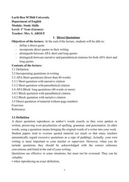 Larbi Ben M’Hidi University
Department of English
Module: Study Skills
Level: 1st Year (Licence)
Teacher: Mrs. S. AROUF
1. Di