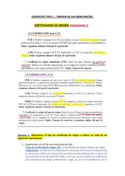 EJERCICIOS TIPO 1 .- ORIGEN DE LAS MERCANCÍAS. 
 
 
 
 
 
Ejercicio 1.- Determinar el tipo de certificado de origen a utiliza