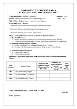 GOVERNMENT POLYTECHNIC, KARAD 
EVALUATION SHEET FOR MICRO PROJECT 
 
Name of Program: Electrical Engineering 
Semester: EE6I.