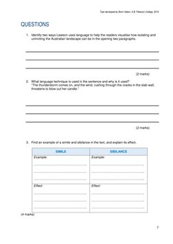 Task developed by Bonn Hatton, A.B. Paterson College, 2019 
 
7 
 
QUESTIONS 
 
1. Identify two ways Lawson uses language to