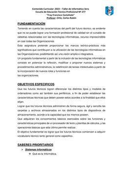 Contenido Curricular: 2022 – Taller de Informática 3ero 
Escuela de Educación Técnico Profesional Nº 277 
“Fray Francisco Cas