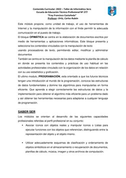 Contenido Curricular: 2022 – Taller de Informática 3ero 
Escuela de Educación Técnico Profesional Nº 277 
“Fray Francisco Cas