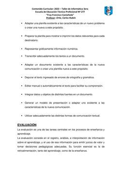 Contenido Curricular: 2022 – Taller de Informática 3ero 
Escuela de Educación Técnico Profesional Nº 277 
“Fray Francisco Cas