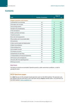 iv Introduction
ACCA FA Question Bank 
Contents 
Topic 
Number of questions 
Page ref 
Q 
A 
Chapter questions and answers 
1