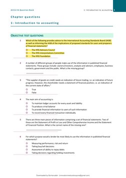 ACCA FA Question Bank 
1: Introduction to accounting 1
Chapter questions 
1: Introduction to accounting 
OBJECTIVE TEST QUEST