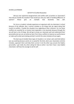ECHOES and PONDER
ACTIVITY 4/ Conflict Resolution
Did you ever experience disagreement and conflict with co-workers or classm