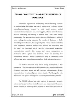 Ravinder kumar
Smart Dust
MAJOR COMPONENTS AND REQUIREMENTS OF 
SMART DUST
Smart Dust requires both evolutionary and revoluti
