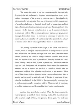 Ravinder kumar
Smart Dust
The smart dust mote is run by a microcontroller that not only 
determines the task performed by the