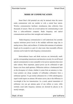Ravinder kumar
Smart Dust
MODE OF COMMUNICATION
Smart Dust’s full potential can only be attained when the sensor 
nodes  comm