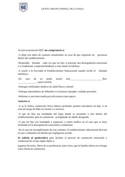 LICEO CARLOS CONDELL DE LA HAZA
Al activar protocolo DEC me comprometo a:
-A dejar mis datos de contacto actualizados en caso