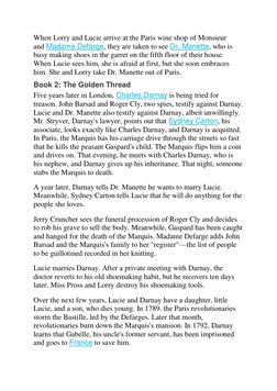 When Lorry and Lucie arrive at the Paris wine shop of Monsieur 
and Madame Defarge, they are taken to see Dr. Manette, who is