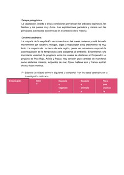 Estepa patagónica: 
La vegetación, debido a estas condiciones prevalecen los arbustos espinosos, las
hierbas y los pastos muy