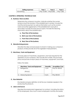 Page 4 of 7 
 
Selling expenses 
Year 1 
Year 2 
Year 3 
Advertising  
Php 10,000 
Php 8,000 
Php 7,000 
 
CHAPTER 3: OPERATI