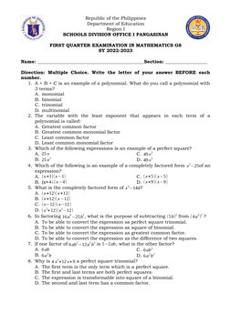 Grade 8 Math 1st Quarter Exam | PDF | Factorization | Polynomial