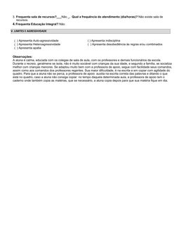 V. LIMITES E AGRESSIVIDADE
3. Frequenta sala de recursos?___Não _.  Qual a frequência do atendimento (dia/horas)? Não existe