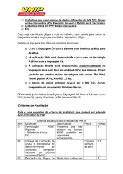 1) Trabalhos que usem banco de dados diferentes do MS SQL Server 
serão reprovados. (Por Exemplo: Se usar o MySQL será