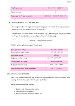 28 (41)
 
Area for one group 
 
Number of groups 
 
Total area of the PV solar power plant  
 
 
Electrical calculation of th