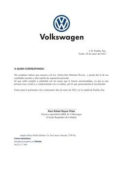 C.D. Puebla, Pue. 
Fecha: 24 de enero del 2023
A QUIEN CORRESPONDA:
Me complace indicar que conozco a la Lic. Gloria Inés Mar