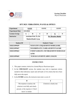 Scoring Checklist 
Physics Practicum 
 
 
SFT 3023: VIBRATIONS, WAVES & OPTICS 
Experiment 
GGO1 
GGO2 
GGO3 
Experiment Da