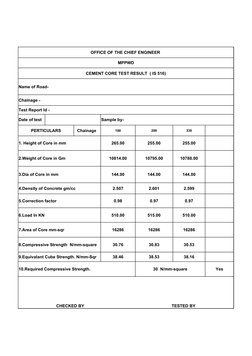 OFFICE OF THE CHIEF ENGINEER 
MPPWD
CEMENT CORE TEST RESULT  ( IS 516)
Name of Road-
Chainage -
Test Report Id -
Date of test