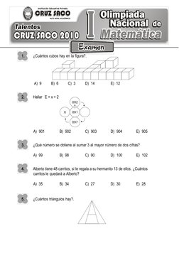 CRUZ SACO
INSTITUCIÓN EDUCATIVA PRIVADA
1.
¿Cuántos cubos hay en la figura?.
A) 9
B) 6
C)  3
D)  14
E)  12
2.
Hallar  E = x +