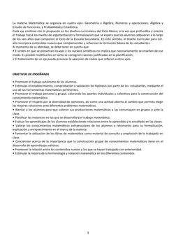 La materia Matemática se organiza en cuatro ejes: Geometría y Álgebra; Números y operaciones; Álgebra y
Estudio de funciones;