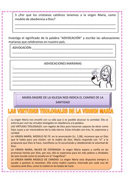 Investiga el significado de la palabra “ADVOCACIÓN” y escribe las advocaciones 
marianas que celebramos en nuestro país