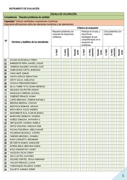 5
INSTRUMENTO DE EVALUACIÓN
ESCALA DE VALORACIÓN
Competencia:   Resuelve problemas de cantidad 
Capacidad: Traduce cantidades