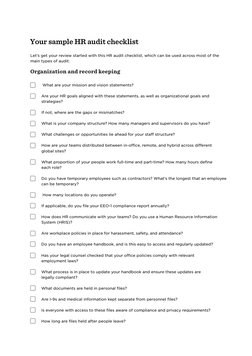 Your sample HR audit checklist
Let’s get your review started with this HR audit checklist, which can be used across most of t