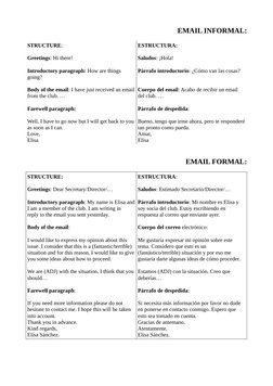 EMAIL INFORMAL:
STRUCTURE:
Greetings: Hi there!
Introductory paragraph: How are things 
going?
Body of the email: I have just