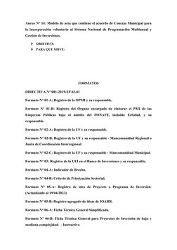 Anexo N° 14: Modelo de acta que contiene el acuerdo de Concejo Municipal para
la incorporación voluntaria al Sistema Nacional