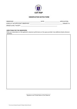 COT-RSP 
OBSERVATION NOTES FORM 
OBSERVER: _______________________________________ DATE: ______________________ APPLICATION