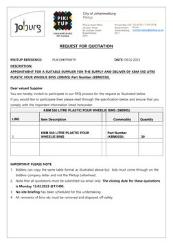 City of Johannesburg 
Pikitup 
 
Pikitup Head Office 
Jorissen Place 
66 Jorissen Street 
Braamfontein 
2001 
Private