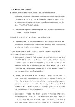 VIII. MEDIOS PROBATORIOS: 
A. Medios probatorios sobre la descripción del bien inmueble.  
1. Planos de ubicación y perímetro